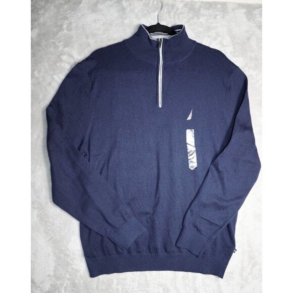 Nautica Classic Navy Quarter-Zip Pullover Sweatshirt with Signature Logo L - Picture 2 of 14